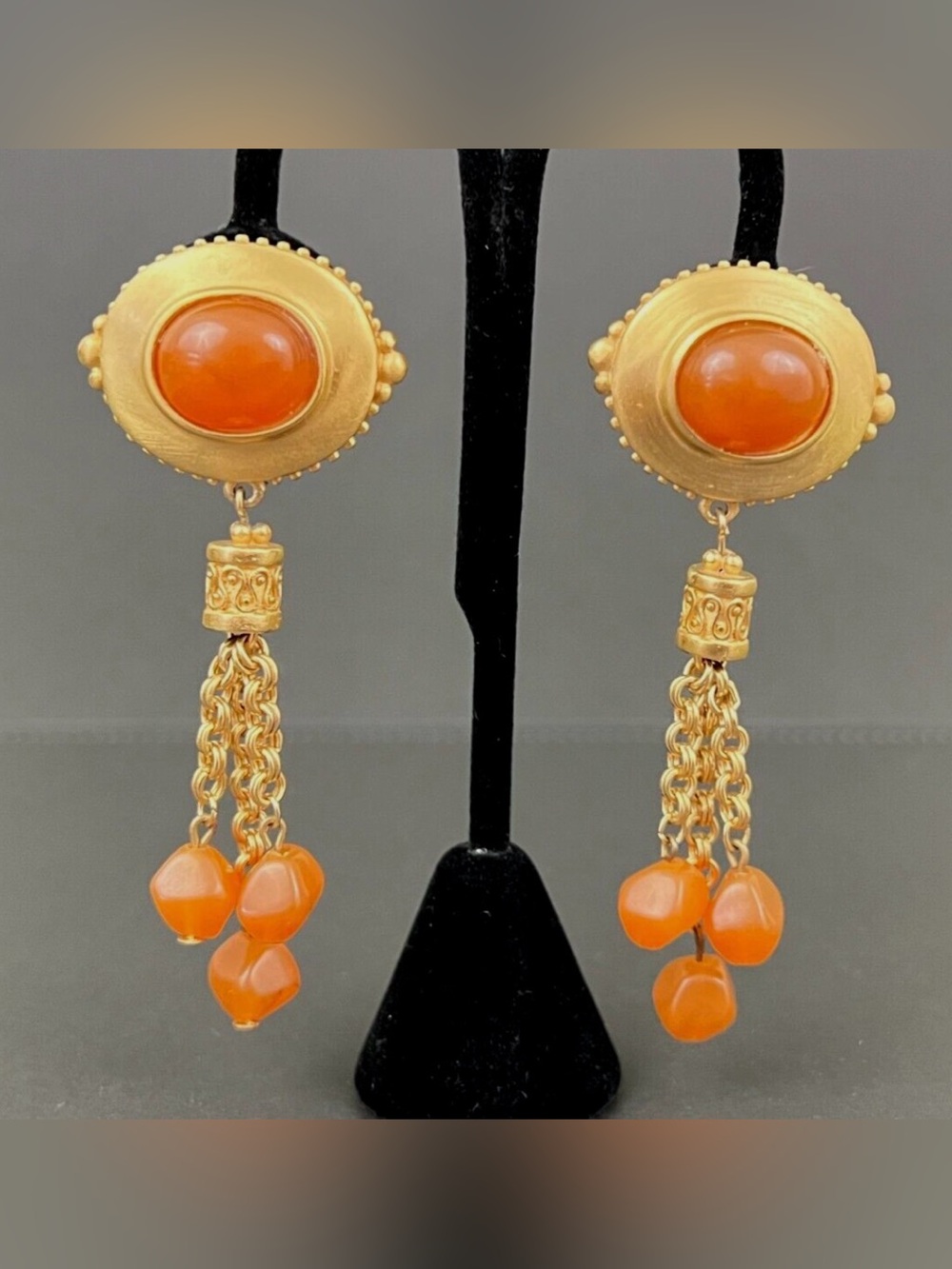 Liz Claiborne Gold-Tone Earrings with Orange Cabochons and Tassel Beads